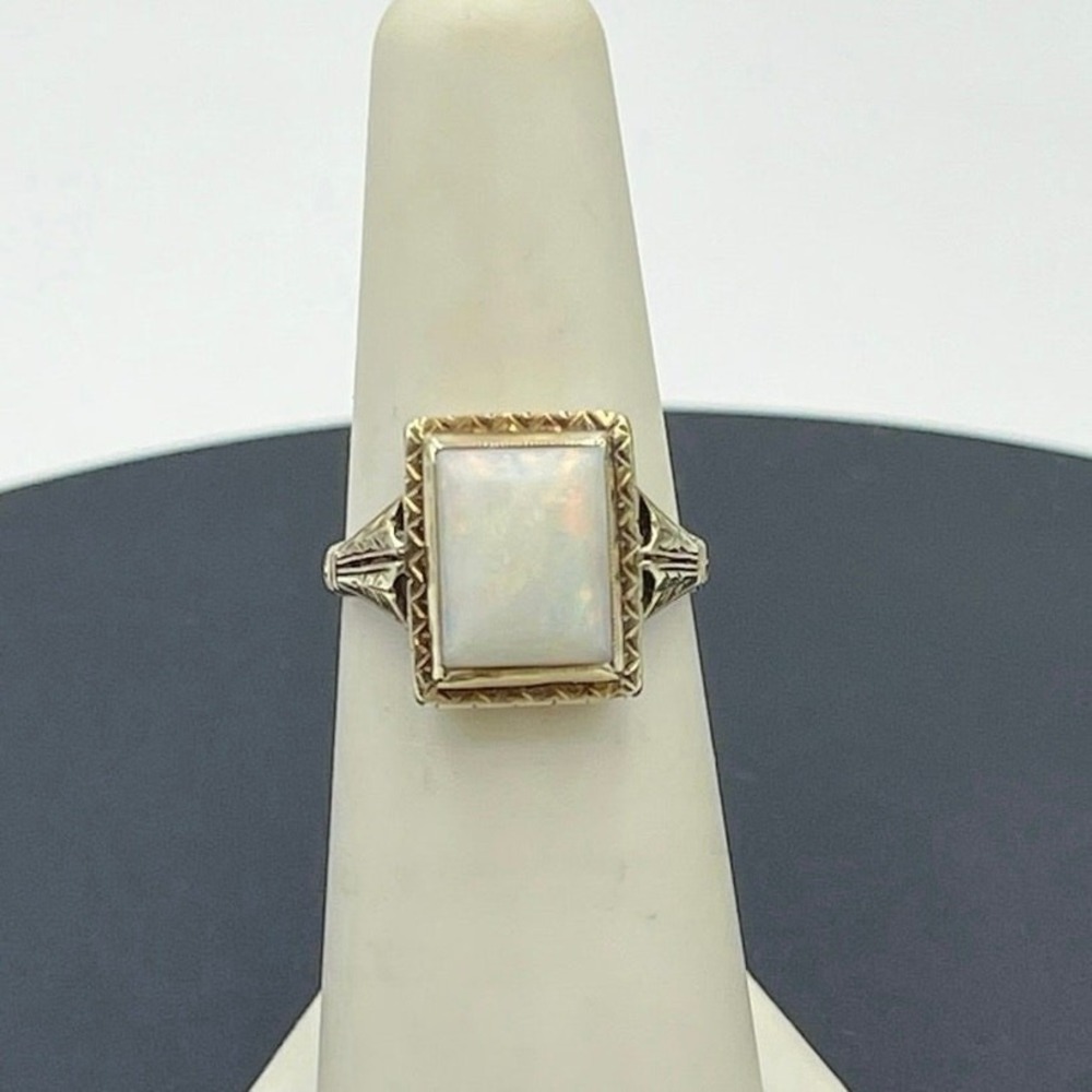 Designer Antique 10k Yellow Gold Rectangular Opal Victorian Ornate Ring Sz 6.5
